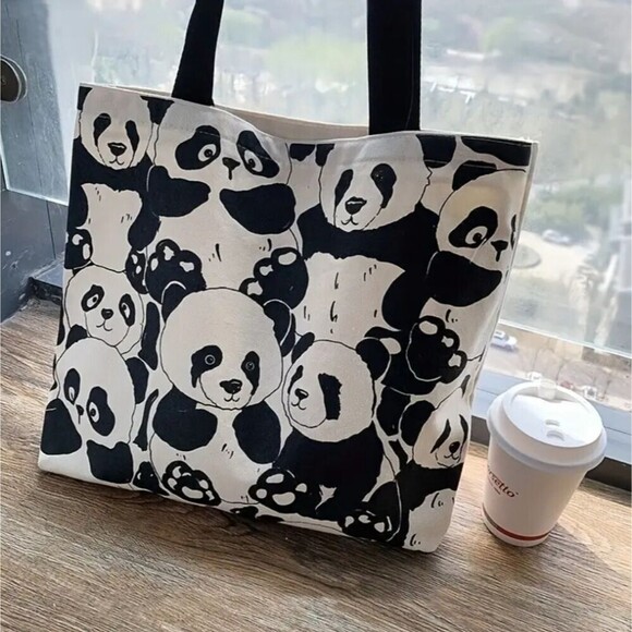 Canvas panda bear tote Cotton Large bag shopping accessory carryon - Picture 2 of 6